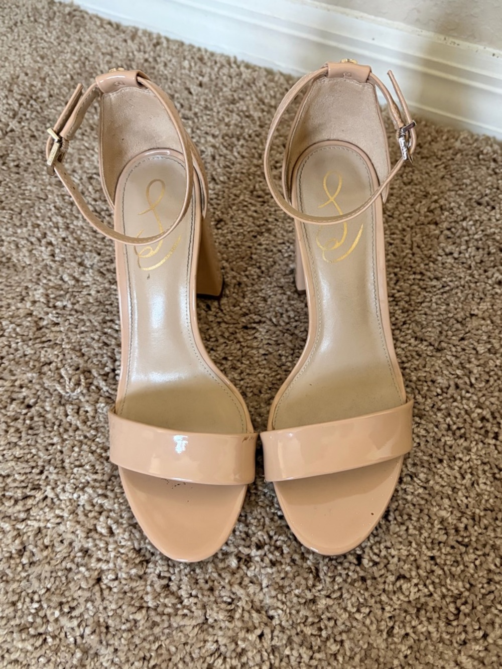 Sam Edelman Yaro Block Nude Patent Ankle-Strap Heels